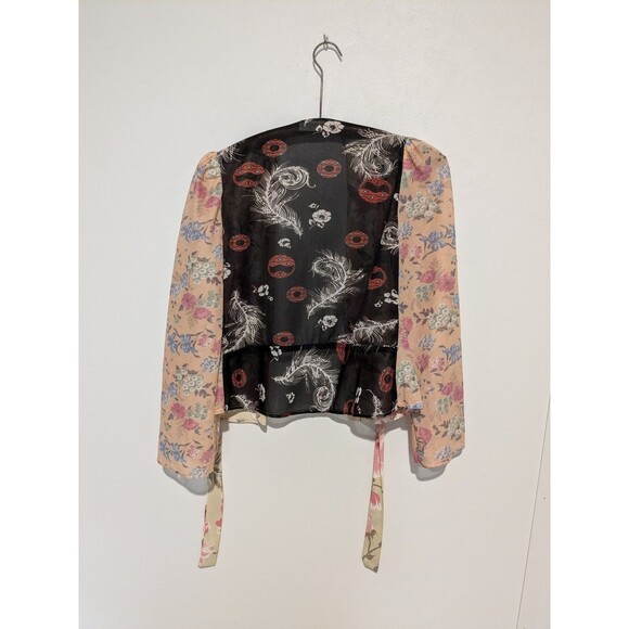 Vintage Combing Bed Jacket Patchwork Nylon Tricot Puff Sleeve Kimono Wrap XS/S - Picture 4 of 7